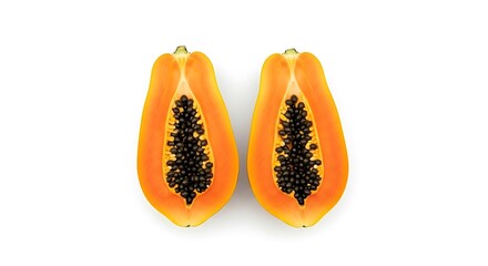 Vibrant Halved Papaya Fruit with Black Seeds Isolated on White Background