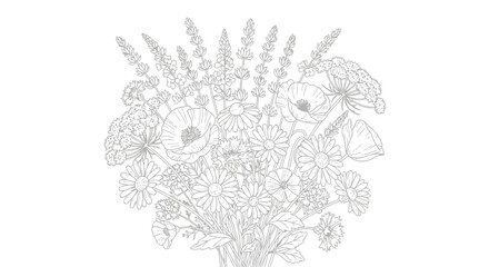 Elegant floral bouquet outline illustration featuring wildflowers, daisies, poppies, and lavender. Ideal for coloring books, invitations, and botanical designs.