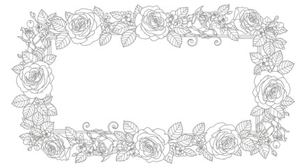 Floral rectangular frame with roses and leaves, perfect for wedding invitations, greeting cards, and elegant design projects or printable coloring pages.