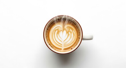 Top view of steaming latte art coffee cup with heart design