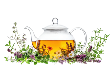 Herbal tea brew in a clear teapot surrounded by fresh herbs and flowers in a bright, inviting setting during daylight hours