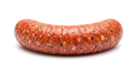 A Single Curved Sausage Link on White Background