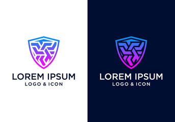 geometric shield logo icon design vector with modern style abstract woven lines
