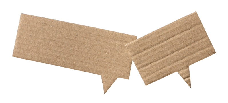 Two brown blank cut out cardboard paper speech bubbles with copy space for text on transparent png background conversation discussion design element