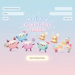 Cute Christmas Email Inbox with Holiday Greeting Elves and Festive Bells Illustration