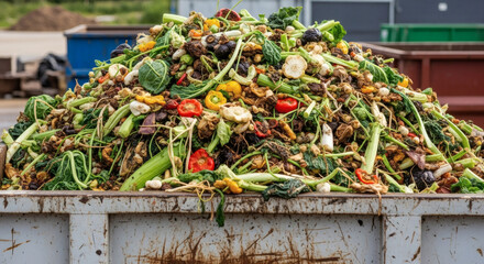 Large pile of organic food waste in a dumpster ready for disposal