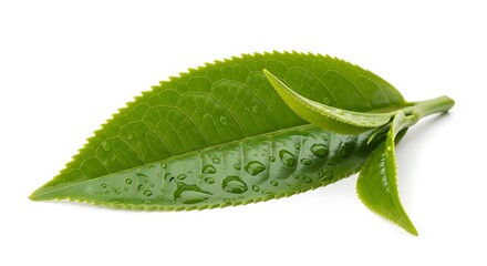Fresh Green Tea Leaves with Water Droplets