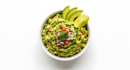 Fresh Homemade Guacamole in White Bowl with Lime and Avocado Slices