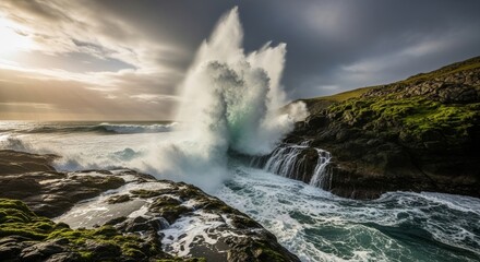 Obraz premium Powerful Ocean Wave Crashing on Rocky Shore - Raw power as ocean waves collide, symbolizing strength, resilience, the force of nature, coastal beauty and dynamic energy