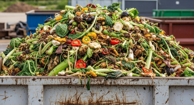 Large pile of organic food waste in a dumpster ready for disposal