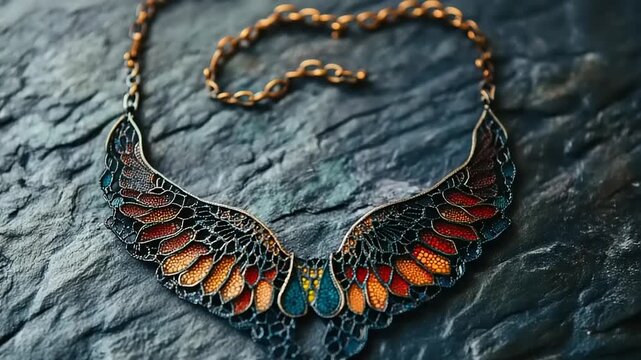 Ornately detailed necklace shaped like stylized wings resting on dark stone