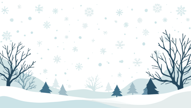 Illustration of a winter background with a flat design style, featuring a minimalist aesthetic, a palette of icy blues and whites, and bold lines,