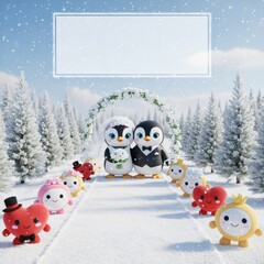 Cute Penguin Wedding Celebration in Snowy Winter Forest with Festive Christmas Decor and Adorable Guests