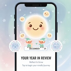 Cute Christmas Wellness App Interface with Elf and Mindfulness Icons for Holiday Reflection