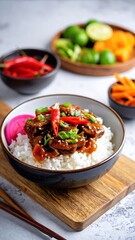 A bowl of white rice topped with glazed meat, garnished with chillies and scallions