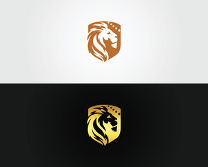 Golden lion head emblem with stars on shield against vector template black background