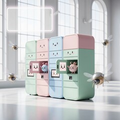 Cute Smart Delivery Robot Boxes with Holiday Gifts and Drones in Festive Pastel Colors