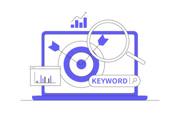 Targeted keywords for SEO, specific words or phrases selected to attract relevant search traffic and improve search engine rankings for web content. Targeted keywords. Flat Cartoon Vector Illustration