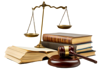 Wooden gavel resting on a round base with stacked law books and scales of justice arranged on a white background, symbolizing the judicial system and legal profession