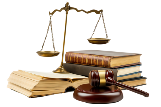 Wooden gavel resting on a round base with stacked law books and scales of justice arranged on a white background, symbolizing the judicial system and legal profession - Powered by Adobe