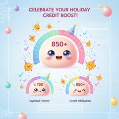 Cute Christmas credit score and finance boost celebration with happy gauge and character icons in festive style