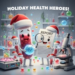 Cute Christmas science lab with happy test tubes microscope and report characters celebrating festive research