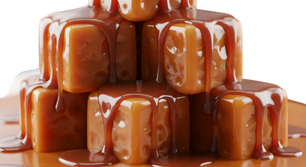 golden caramel candies stacked with dripping sweet sauce