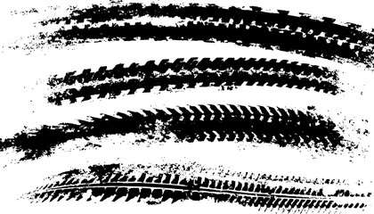 High-quality overlay of realistic tire tracks on white background. Seamless tire, track, car, vector, wheel texture. Clean tire print with Overlay and transparent look. Great for car, vector, 