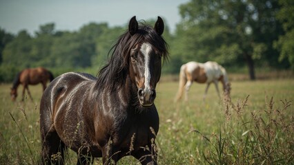 Fototapeta premium A dark-colored horse standing in a grassy field with trees and other horses in the background.