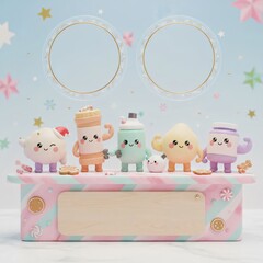 Cute Christmas drink and dessert characters in pastel holiday scene with candy decoration and festive background