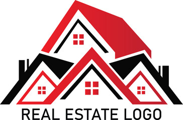 Modern real estate logo featuring overlapping house roof shapes in red and black