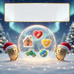Cute Christmas insurance protection concept with festive shield characters and glowing snow globe icons for home car health and travel safety