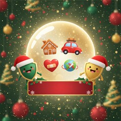 Cute Christmas insurance protection concept with festive shield characters and glowing snow globe icons for home car health and travel safety