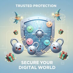 Cute Christmas cybersecurity concept with digital vault padlock and festive elf characters protecting online data