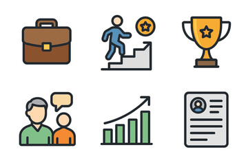 Obraz premium Business success icons: linear style and trophy, growth, resume, communication, achievement