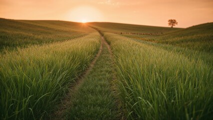 Fototapeta premium Sunset over lush green fields with a dirt path and distant trees, capturing agricultural land at dusk.