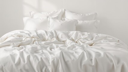 A white bed with multiple pillows and a rumpled duvet in a minimalistic bedroom setting.