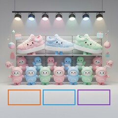Cute pastel sneaker display with smiling plush toys and holiday winter theme in cozy retail setting