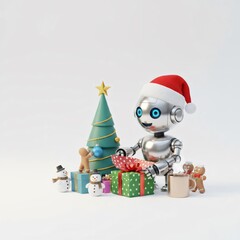 Cute Christmas robot with Santa hat enjoying festive gifts and cocoa beside decorated holiday tree