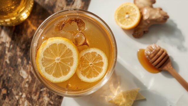 A glass of lemon tea with lemon slices, honey, and ginger on a wooden table. - Powered by Adobe