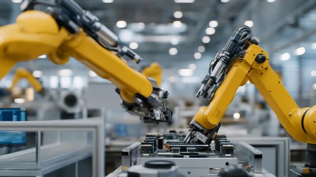 Wide-angle view of futuristic factory floor with robots assembling HPC processors, engineers supervising holographic displays for AI-enabled industrial robotics, high-performance computing