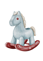 Watercolour blue rocking horse toy illustration, isolated on transparent background	