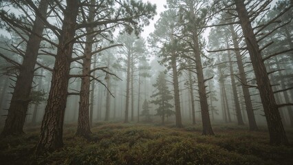 Obraz premium Misty forest with tall trees and foggy atmosphere. Nature and wilderness, concept. Forest landscape and serenity. The concept of natural environment and tranquility