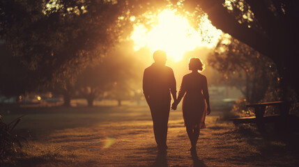 Couple walking hand in hand through park, sunset flare lighting, cinematic tone, soft texture