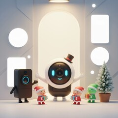 Cute Robot and Elf Characters Celebrating Christmas with Gifts and Cameras in Festive Winter Scene