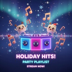 Cute Christmas DJ Party Characters with Music and Festive Lights