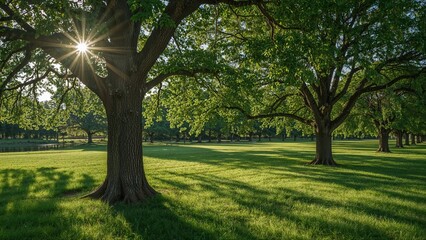 A park with large trees and green grass during daytime, sunlight shining through the leaves.