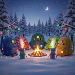 Cute Winter Camping Scene with Backpacks and Tents Around Campfire in Snowy Forest Holiday Night