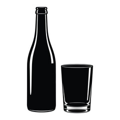Simple silhouette of a dark bottle and a clear glass on a white background