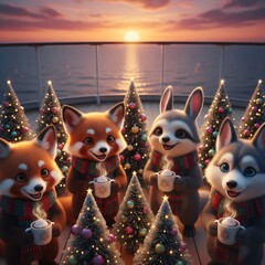 Cute Christmas sunset cruise celebration with animal friends enjoying hot cocoa on decorated ship deck